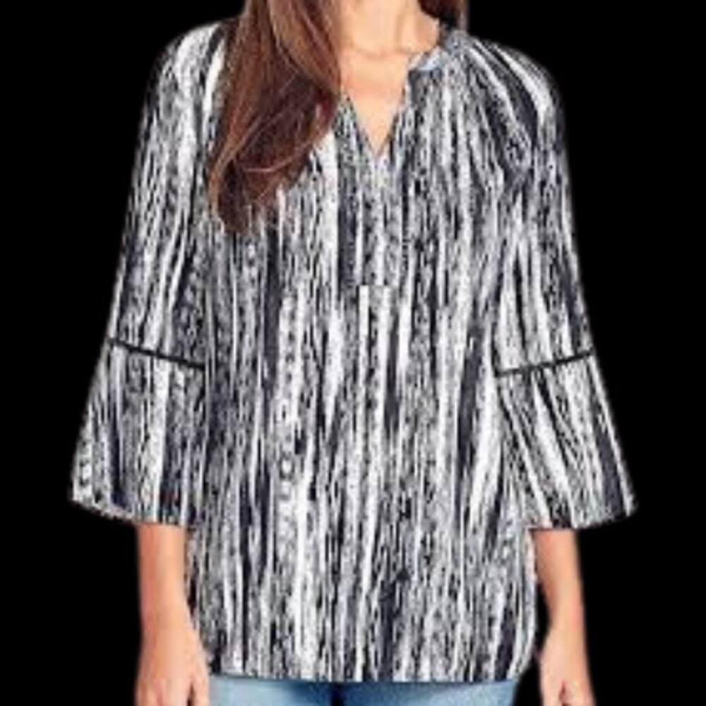 NWT Gloria Vanderbilt Blouse Small Black White Striped 3/4 Sleeve V-Neck Crochet